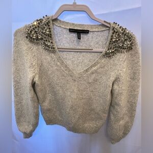 White House Black Market Embellished V Neck Sweater Gray Crystal Shoulder Size M